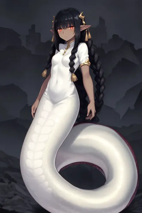 <lora:animelamia_v10:0.8>
(lamia:1.0), 1girl, solo, long hair, braids, dark-skin, dark-skinned female, scales, full body, expres...