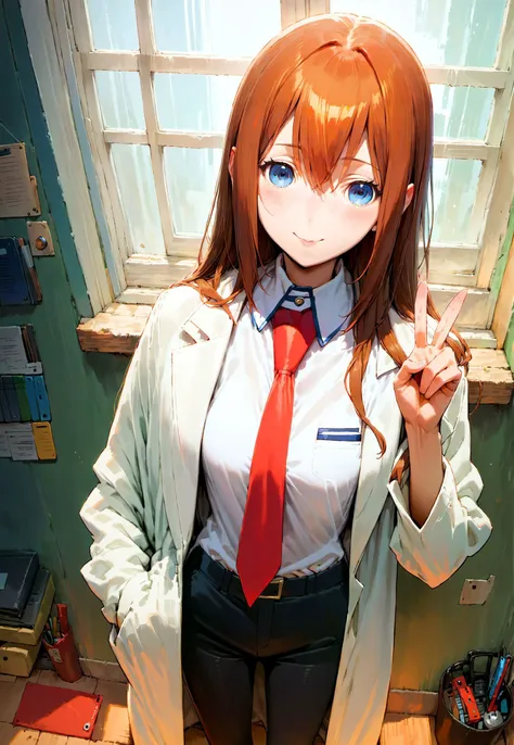 anime girl with red hair and blue eyes in a white shirt and red tie