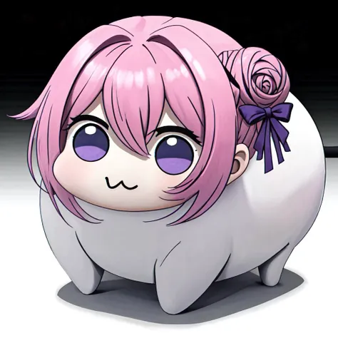 anime character with pink hair and purple eyes sitting on a white surface