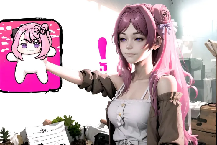 anime girl with pink hair pointing at a pink picture