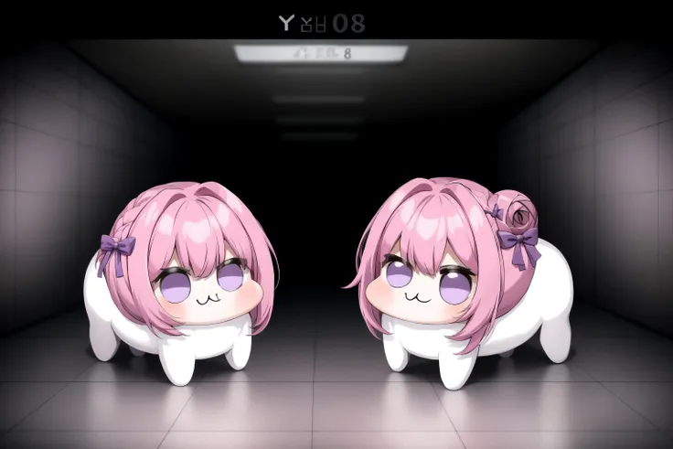 anime character with pink hair and glasses in a dark room