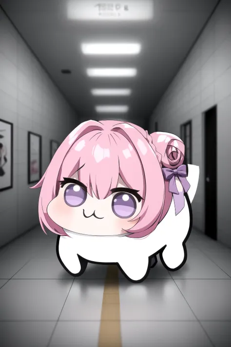 anime girl with pink hair and purple eyes in a hallway