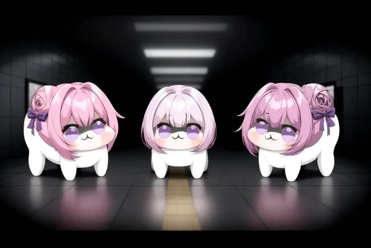 three anime characters with pink hair and purple eyes in a dark room