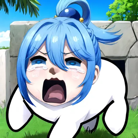 a close up of a cartoon character with blue hair and a surprised expression