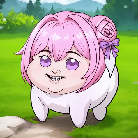 cartoon girl with pink hair and purple eyes in a field