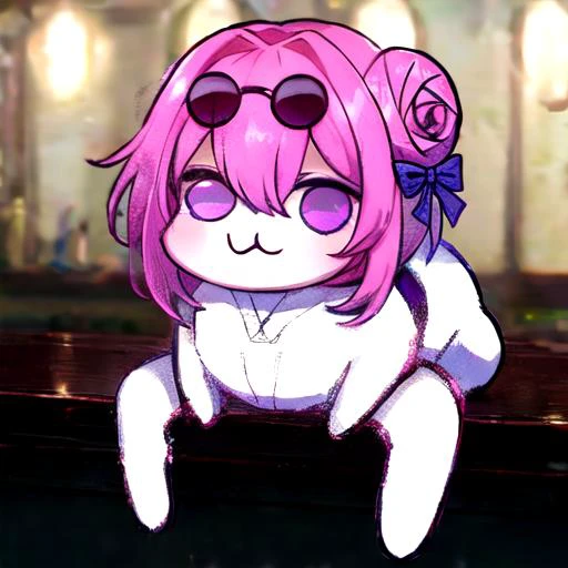 anime girl with pink hair and sunglasses sitting on a bench