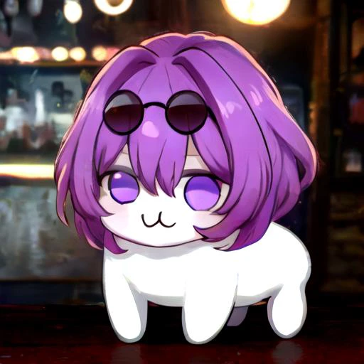 anime character with purple hair and sunglasses on a table