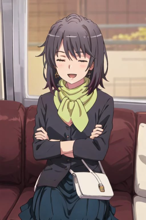 best quality, masterpiece, highres, solo, {yukinoshita_haruno_yahariorenoseishunlovecomewamachigatteiru:1.15}, black_hair, short_hair, smile, brown_eyes, bangs, 1girl, closed_eyes, scarf, brown_hair, crossed_arms, open_mouth, sleeping, sleeping_upright, si...