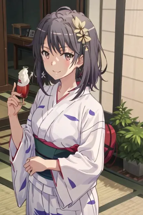 best quality, masterpiece, highres, solo, {yukata:1.40}, {kimono:1.20}, {yukinoshita_haruno_yahariorenoseishunlovecomewamachigatteiru:1.15}, black_hair, short_hair, smile, brown_eyes, bangs