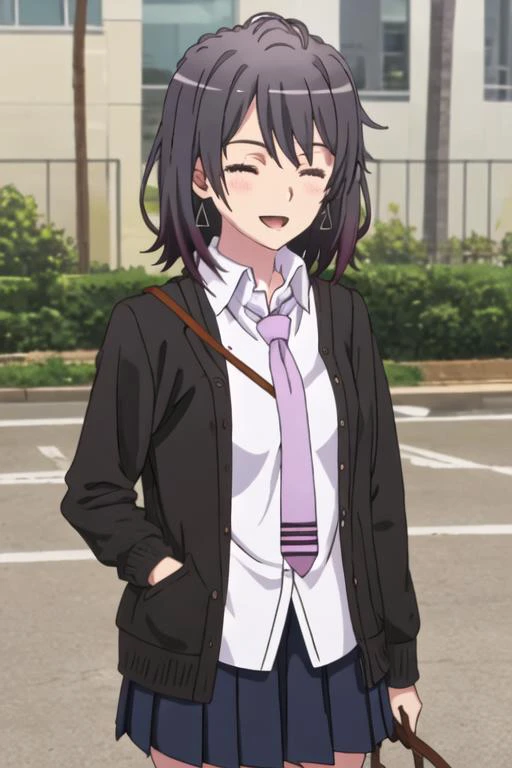 best quality, masterpiece, highres, solo, {yukinoshita_haruno_yahariorenoseishunlovecomewamachigatteiru:1.15}, black_hair, short_hair, smile, brown_eyes, bangs, 1boy, 1girl, open_mouth, school_uniform, closed_eyes, solo_focus, jacket, necktie, ^_^, shirt