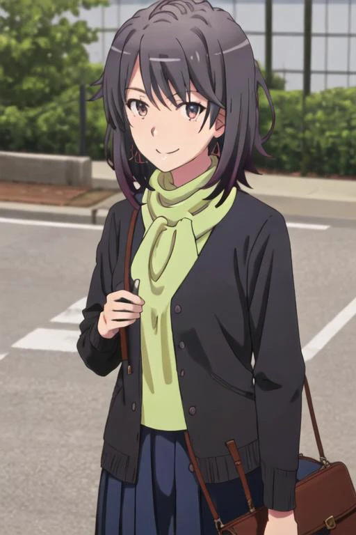 best quality, masterpiece, highres, solo, {yukinoshita_haruno_yahariorenoseishunlovecomewamachigatteiru:1.15}, black_hair, short_hair, smile, brown_eyes, bangs