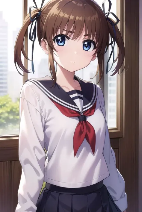 nanohatakamachi, <lora:nanoha takamachi movie2-lora-nochekaiser:1>,
nanoha takamachi, takamachi nanoha, brown hair, twintails, blue eyes,
BREAK long sleeves, ribbon, school uniform, serafuku, long sleeves, red ribbon, white sailor collar,
BREAK indoors, cl...