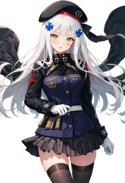 best quality, masterpiece, highres, solo, {416_girlsfrontline:0.90}, 1girl, black_thighhighs, jacket, looking_at_viewer, white_background, beret, black_headwear, long_sleeves, medium_breasts, pleated_skirt, simple_background, blush, white_gloves, plaid_ski...