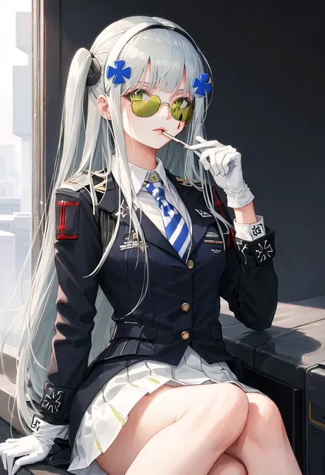 best quality, masterpiece, highres, solo, {416_girlsfrontline:0.90}, {black business suit:1.40}, {tie:1.20}, {sunglasses:1.25}, {white gloves:1.15}, {white shirt:1.10}, {black skirt:1.15}, {smoking:1.20}, handsome