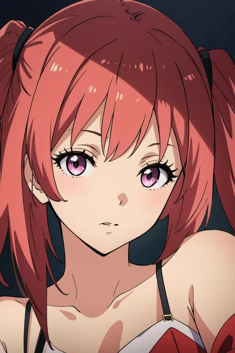 anime girl with pink hair and pink eyes looking at camera