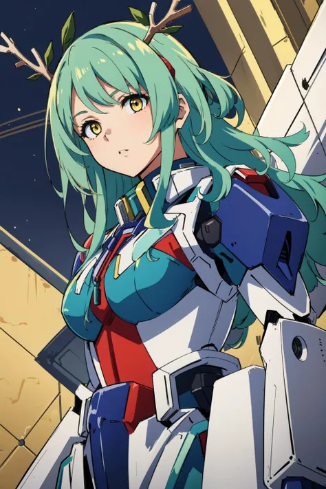 (masterpiece, best quality),  intricate details, 
1girl,  solo, <lora:ceres_fauna_v30:0.8> 1girl, ceres_fauna, antlers, green hair, yellow eyes,
 <lora:mecha_offset:0.8> mecha musume, robot, gundam, mecha,