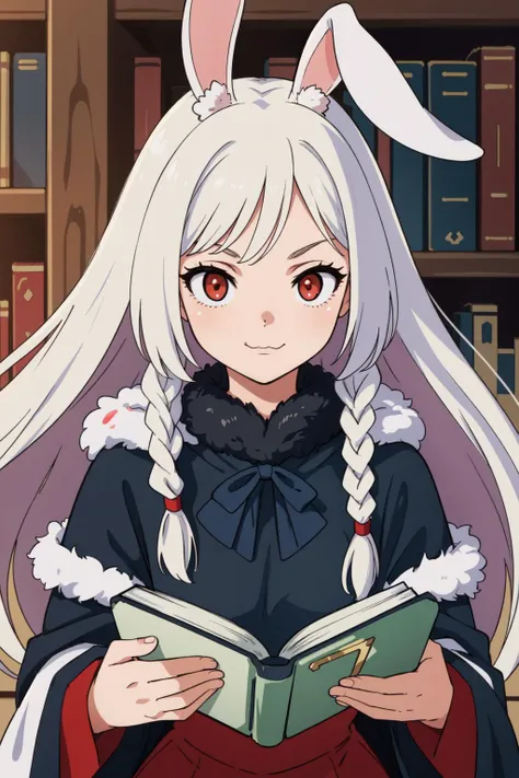 1girl, rabbit girl, white fur, furry, anthro, bunny ears,(red eyes:1.5),  (rabbit nose:1.3) whiskers, :3, petite, small breasts, white hair, braids, 
black dress, long dress, black cowl, cloak,  long sleeves, casting spell, (floating magic book:1.5)
upload...