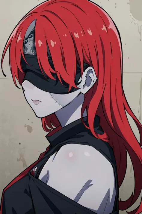 anime girl with red hair and black outfit looking down