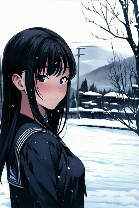 1girl, (8k, highres,  masterpiece, best quality), upper body, 
an illustration of a very beautiful senior,  standing, in snow, at deserted Japanese village, landscape,  outdoors,
BREAK
<lora:flat2:-0.8>
black hair, long hair, hime cut, bangs, school unifor...