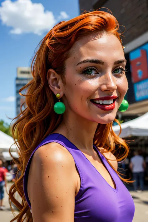 Gladys,long orange hair, wavy hair, green eyes,red lipstick, small earrings, purple dress, sleeveless, looking at viewer, smiling, close up, outside, city, market, blue sky, high quality, masterpiece, <lora:Gladys:.7>