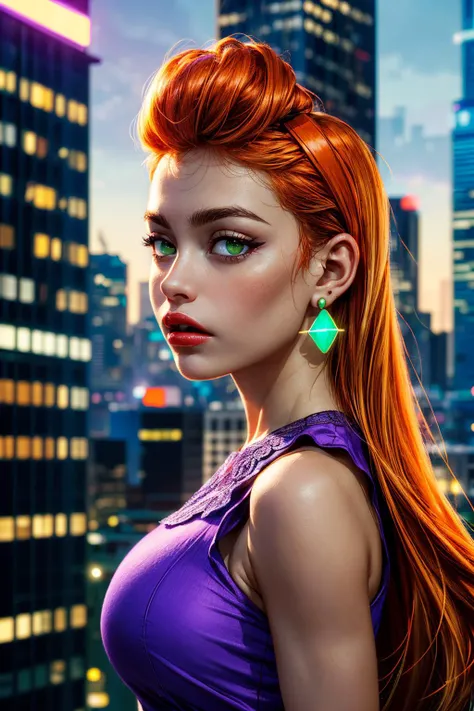 (ultra realistic,32k, masterpiece:1.2),(high detailed skin:1.1),( high quality:1.1),
<lora:Gladys:0.6>Gladys,(gloom (expression):1.1), orange hair, green eyes, lips, long hair, small earrings, purple dress, sleeveless,city skyline, towering skyscrapers, il...