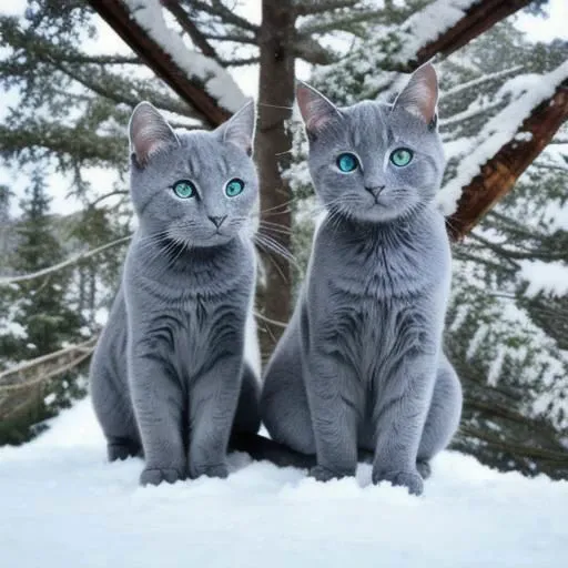 Two russian blue cats, snow, green eyes, cute, spruce tree, playing, love, traditional scandinavian