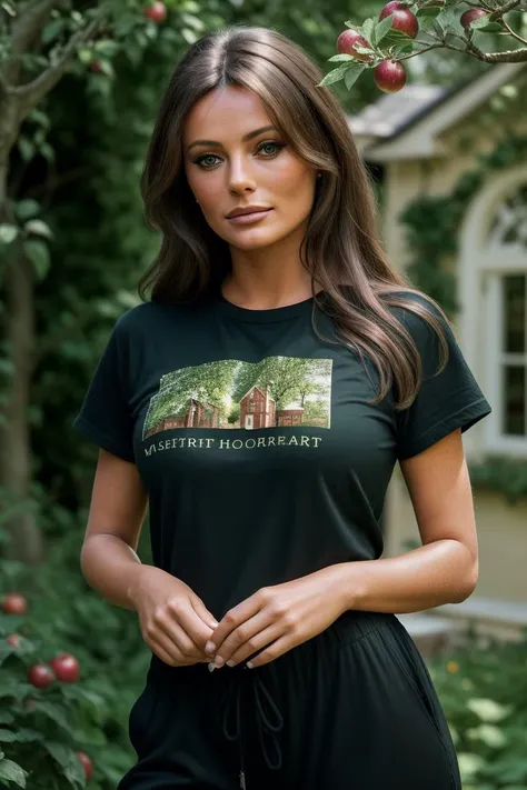 photo of seductive (jb1sset-130:0.99), a woman as a sexy housewife, ((closeup portrait:1.2)), (t-shirt with a logo:1.1), in a (garden with a house in the background), (long trousers), (masterpiece:1.5) (photorealistic:1.1) (bokeh) (best quality) (detailed ...