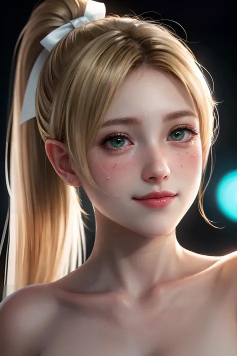 Bringing food to the camera, Venus, elf, blonde hair, ponytail, green ribbon, looking at thd camera, blush, smile, backlit, ultra - detailed face, dynamic angles, high - sensitivity illustrations, masterpiece, UHD, best quality, octane render, cinematic, h...