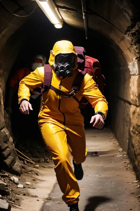 arafed man in yellow suit and gas mask running through a tunnel