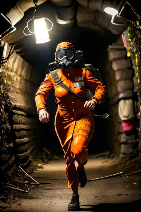 arafed man in a gas mask running through a tunnel