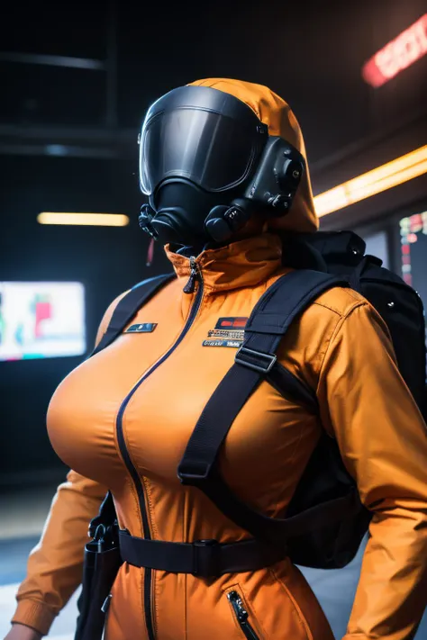 a woman in a space suit and helmet standing in a room