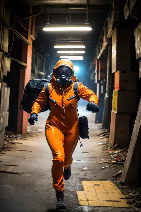 arafed man in orange jumpsuit running through a dark alley