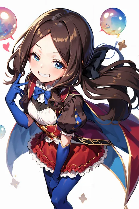 <lora:leonardo_da_vinci_(rider)_v1:0.8> davinci, ponytail, hair bow, parted bangs, small breasts, blue bow, cape, puffy short sleeves, blue gloves, red skirt, blue pantyhose, grin, squinting, from above, loafers, leaning forward, heart-shaped bubble backgr...