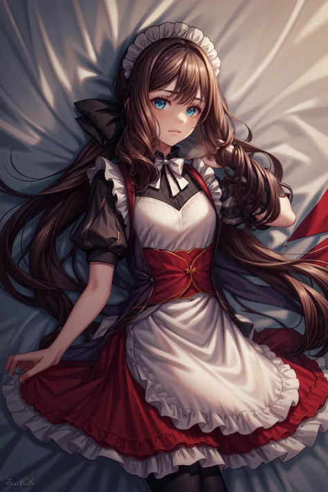 a woman in a maid outfit laying on a bed