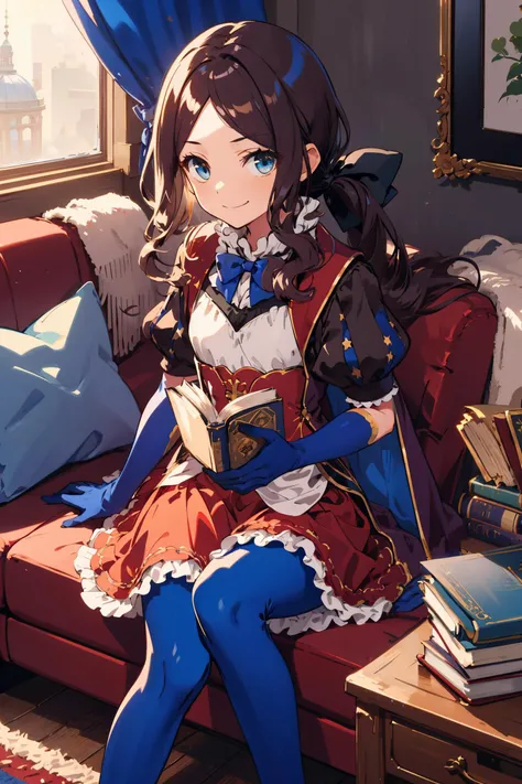 <lora:leonardo_da_vinci_(rider)_v1:0.7> davinci, ponytail, hair bow, parted bangs, small breasts, blue bow, cape, puffy short sleeves, blue gloves, red skirt, blue pantyhose, wooden, books, carpet, couch, smug, masterpiece, best quality, highres, <lora:Goo...