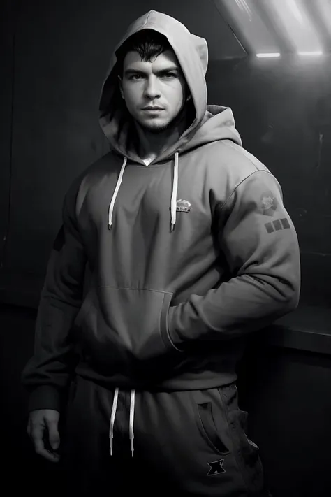 arafed man in a hoodie standing in a dark room