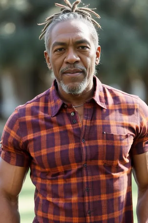 HD photo of masculine mshn_dredd in a checkered shirt, closeup