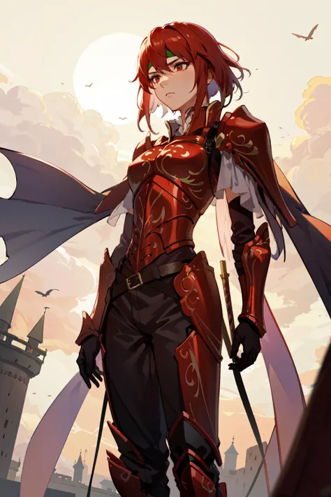 <lora:minerva-nvwls-v1-final>, minerva, red armor, green headband, cape, red gloves, belt, brown pants, armored boots, hands behind back, disgusted look, top of tower, castle, from below, moon background, (silhouette, backlit:1.2)