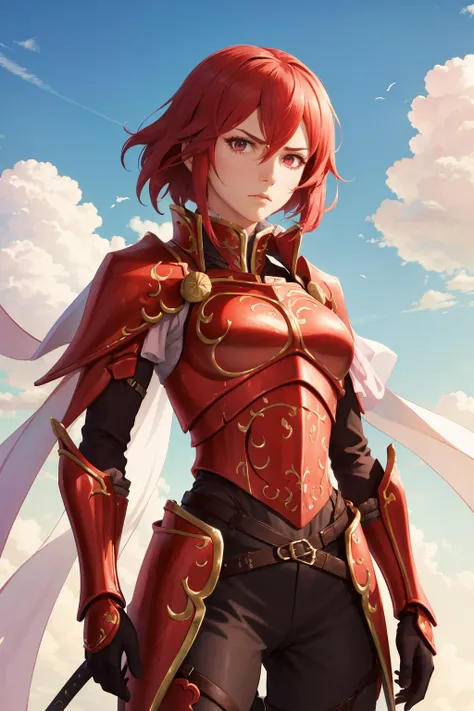 masterpiece, best quality, minerva, red armor, green headband, cape, red gloves, belt, armored legwear, upper body, looking at viewer, breasts, furrowed brow, serious expression, looking at viewer, looking down, from below, sky, clouds <lora:minerva-nvwls-...