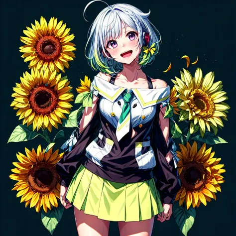 YuNi,solo,1girl,<lyco:YuNi:0.7>,1girl, solo, virtual youtuber, skirt, smile, sunflower, shirt, flower, purple eyes, open mouth, green skirt, braid, black shirt, pleated skirt, collarbone, bow, side braid, multicolored hair, bare shoulders, green hair, off-...