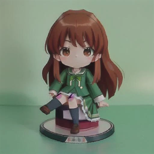 brown long haired boy wearing a green school uniform, knee length skirt  <lora:papercraftV0.3:1> paper box, cardboard, papercraft