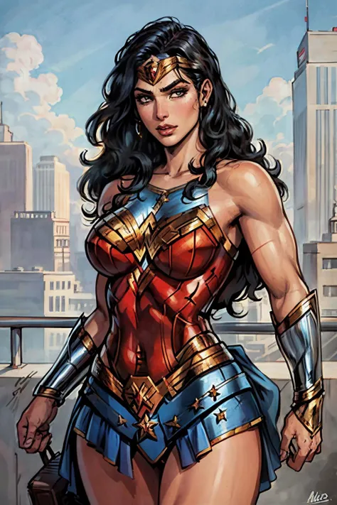 wonder woman. 1980s tv style., intricate details, highly detailed, intricate eyes, detailed skin, intricate hair, realistic, skin pores