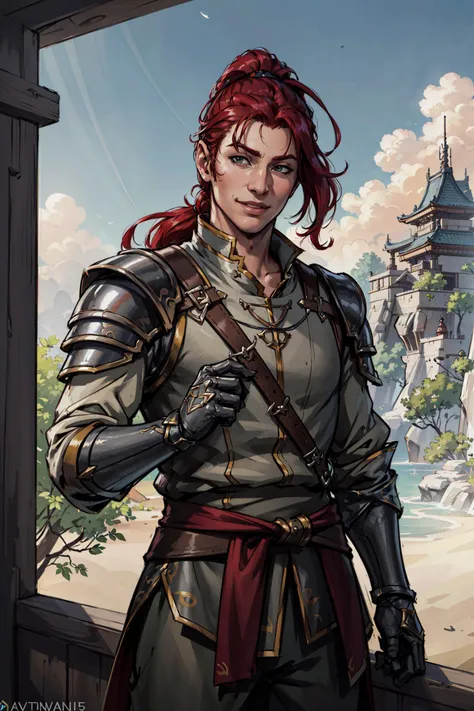 close up, portrait,masterpiece, best quality,male focus, 1man, male focus, long red ponytail, smile, general adventurer ,light armour, tall man, east asian architecture, realistic, dnd character portrait, half body,closer up,water eyes, dnd, rpg, lotr game...