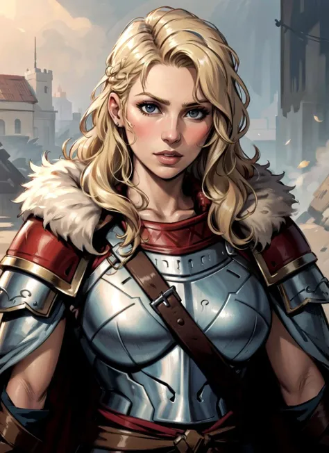 a woman in armor with a sword and a sword in her hand