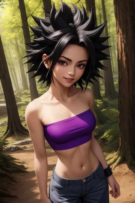 caulifla, 1girl, solo, black hair, black eyes, spiked hair, big hair, super saiyan, grey eyes,
bare shoulders, midriff, pnk top, crop top, strapless, tube top, bandeau, purple pants, baggy pants, puffy pants, black wristband,
smile,closed mouth,cowboy shot...