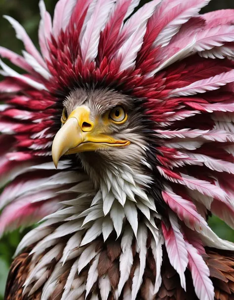 a close up of a bird with a red and white feather on its head