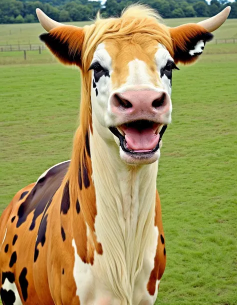 there is a cow that is standing in a field with its mouth open