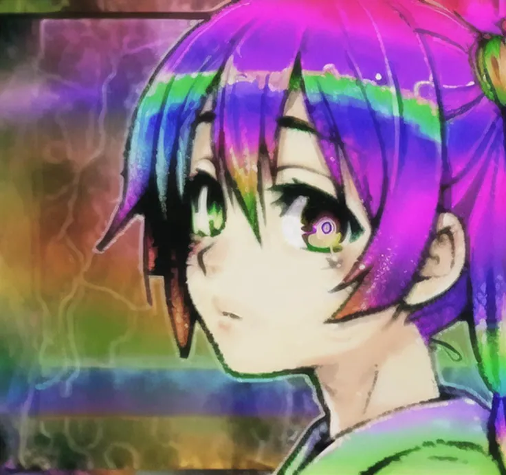 glitchcore <lora:glitchcore:0.5> asutenki <lora:asutenki:0.54> 1girl, rainbow hair, hdr, intricate details, depth of field