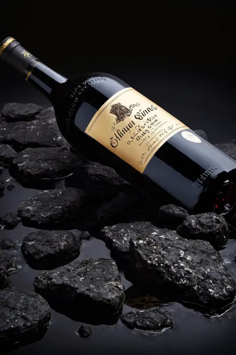 a close up of a bottle of wine sitting on a pile of rocks