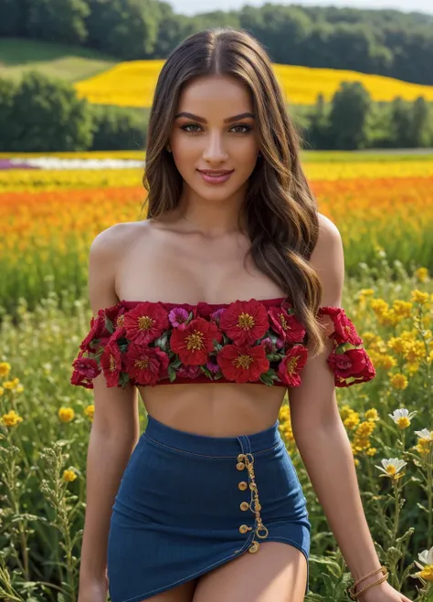 a woman in a red top and blue skirt standing in a field of flowers